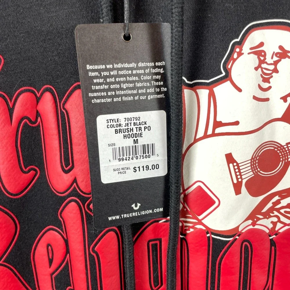 True Religion Hoodie Mens Medium Black Pullover Sweatshirt Buddha Spell Out $119